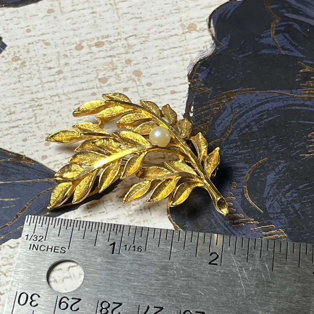 BSK Vintage Gold and Faux Pearl Leaf Brooch - Signed